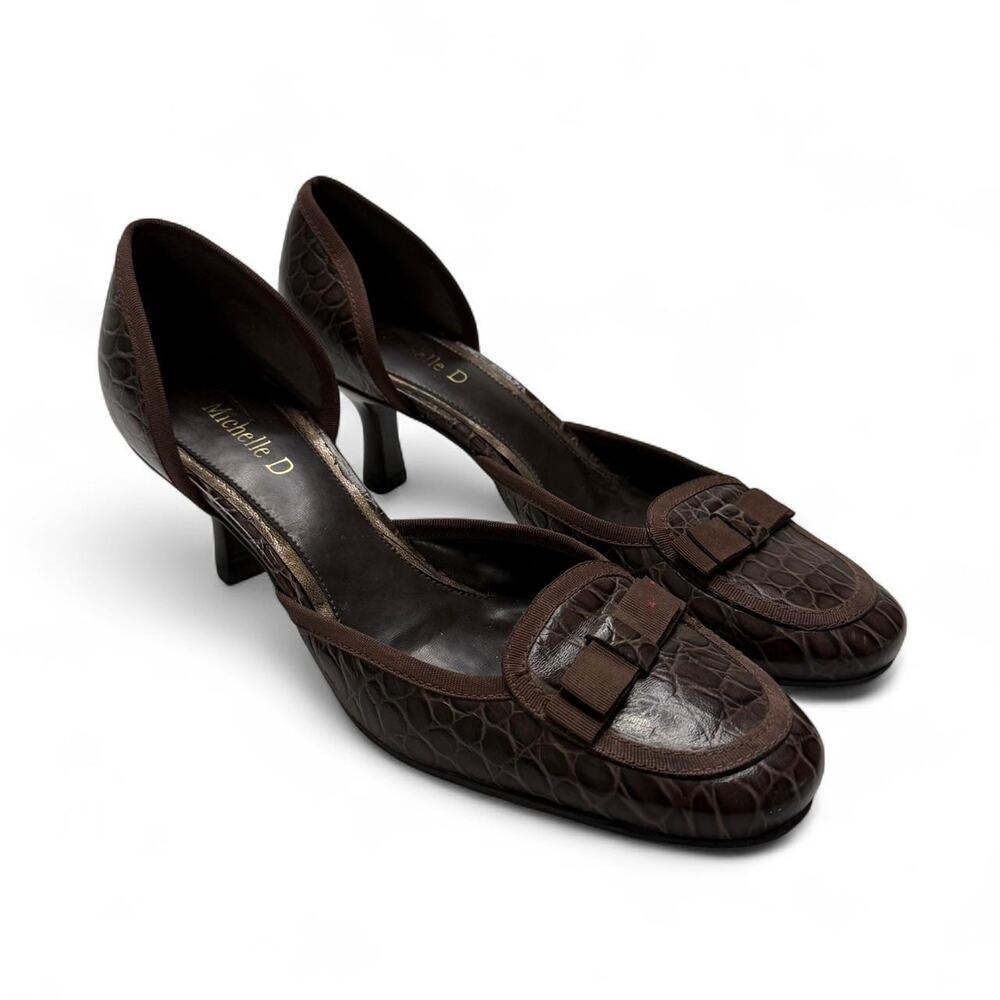 Brown crocodile skin texture leather kitten heels bow detail mules Michelle D